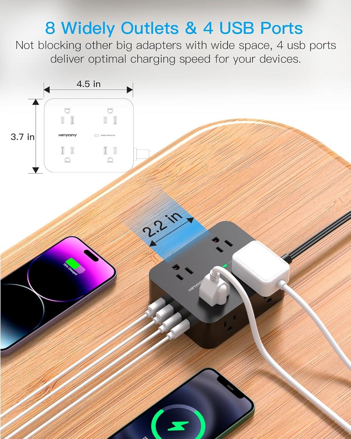 image10 Ft Power Strip Long Cord HANYCONY Extension Cord Surge Protector with Flat Plug 8 Outlets 4 USB Charging Station2 USB C Wall Multiple Plug Outlet Extender for Home Office Desk10Ft