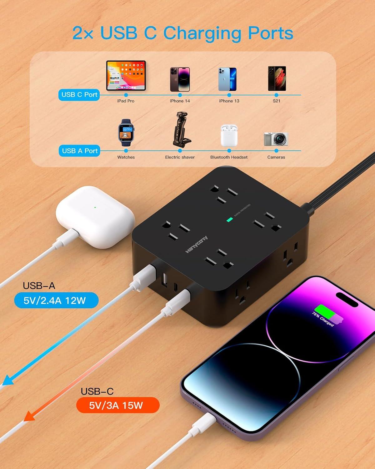 image10 Ft Power Strip Long Cord HANYCONY Extension Cord Surge Protector with Flat Plug 8 Outlets 4 USB Charging Station2 USB C Wall Multiple Plug Outlet Extender for Home Office Desk15Ft