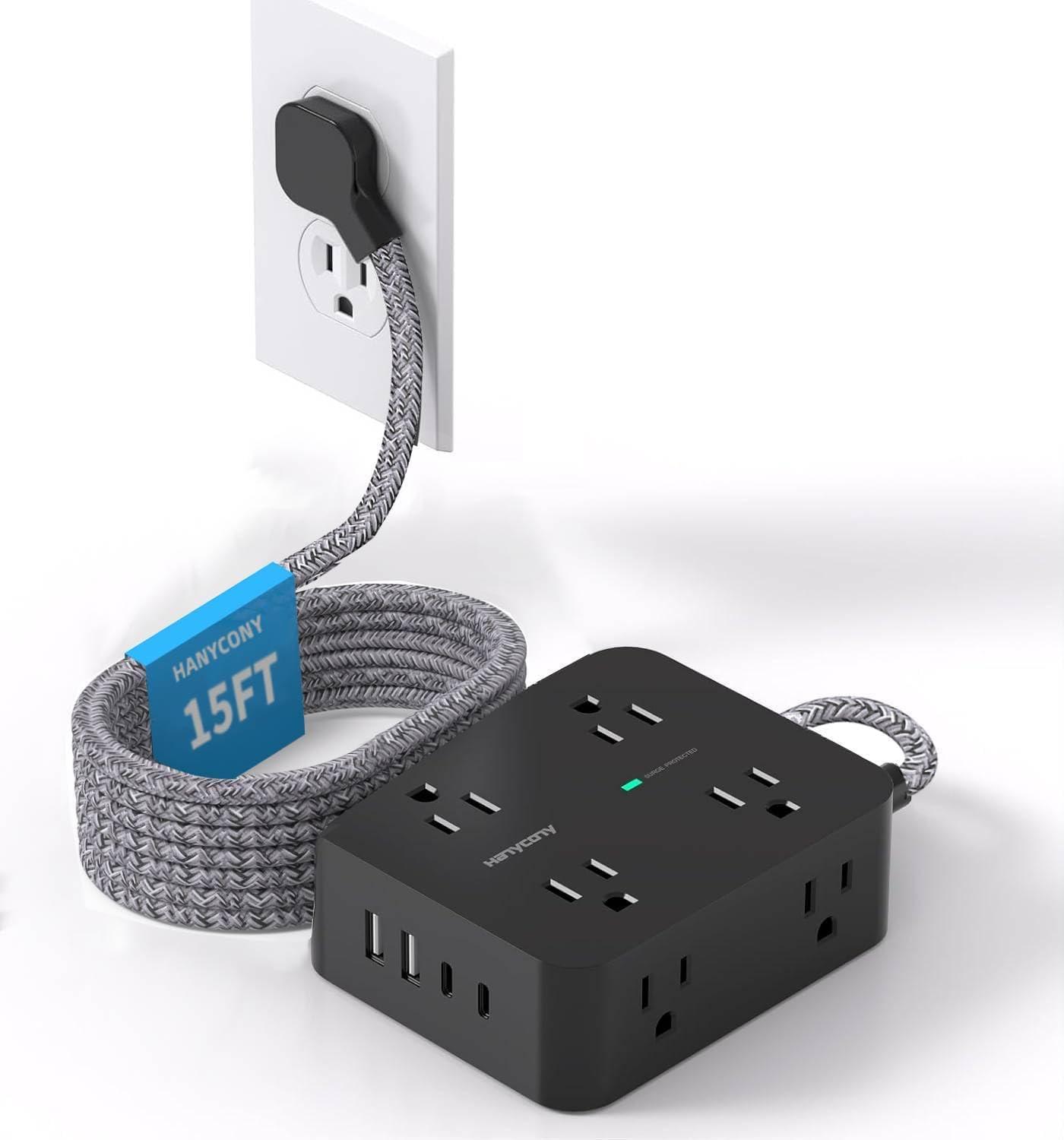 image10 Ft Power Strip Long Cord HANYCONY Extension Cord Surge Protector with Flat Plug 8 Outlets 4 USB Charging Station2 USB C Wall Multiple Plug Outlet Extender for Home Office Desk15Ft