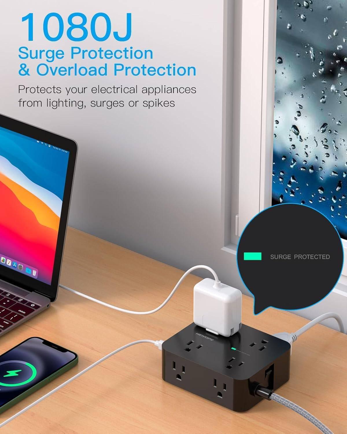 image10 Ft Power Strip Long Cord HANYCONY Extension Cord Surge Protector with Flat Plug 8 Outlets 4 USB Charging Station2 USB C Wall Multiple Plug Outlet Extender for Home Office Desk5Ft