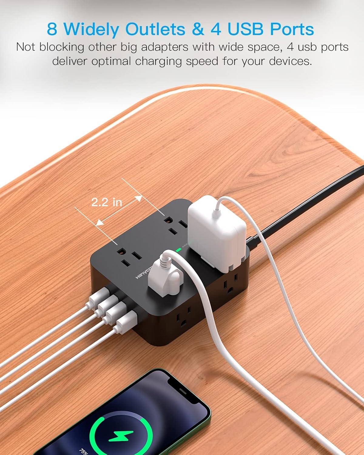 image10 Ft Power Strip Long Cord HANYCONY Extension Cord Surge Protector with Flat Plug 8 Outlets 4 USB Charging Station2 USB C Wall Multiple Plug Outlet Extender for Home Office Desk5Ft