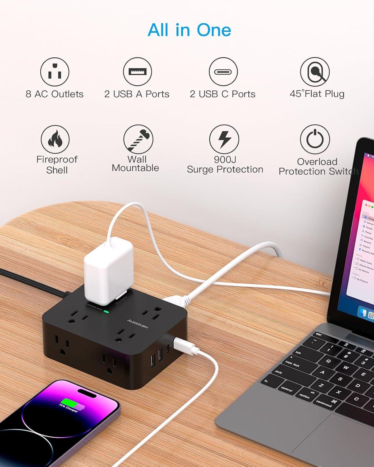 image10 Ft Power Strip Long Cord HANYCONY Extension Cord Surge Protector with Flat Plug 8 Outlets 4 USB Charging Station2 USB C Wall Multiple Plug Outlet Extender for Home Office Desk10Ft
