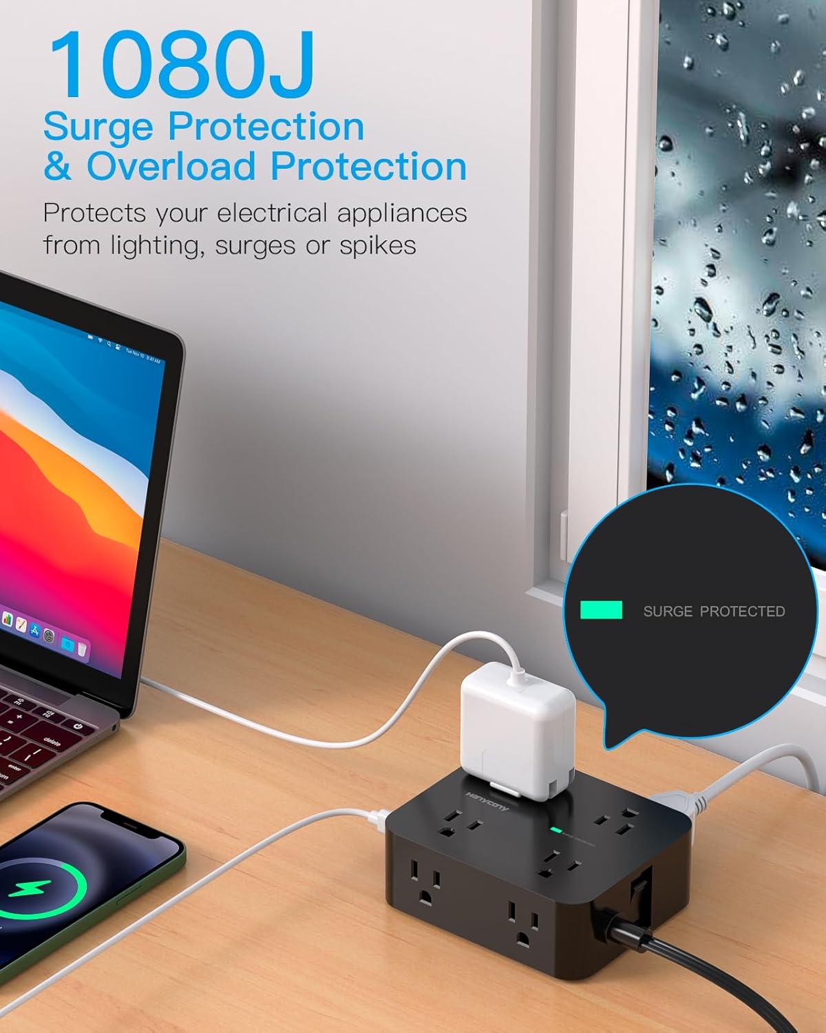image10 Ft Power Strip Long Cord HANYCONY Extension Cord Surge Protector with Flat Plug 8 Outlets 4 USB Charging Station2 USB C Wall Multiple Plug Outlet Extender for Home Office Desk5Ft