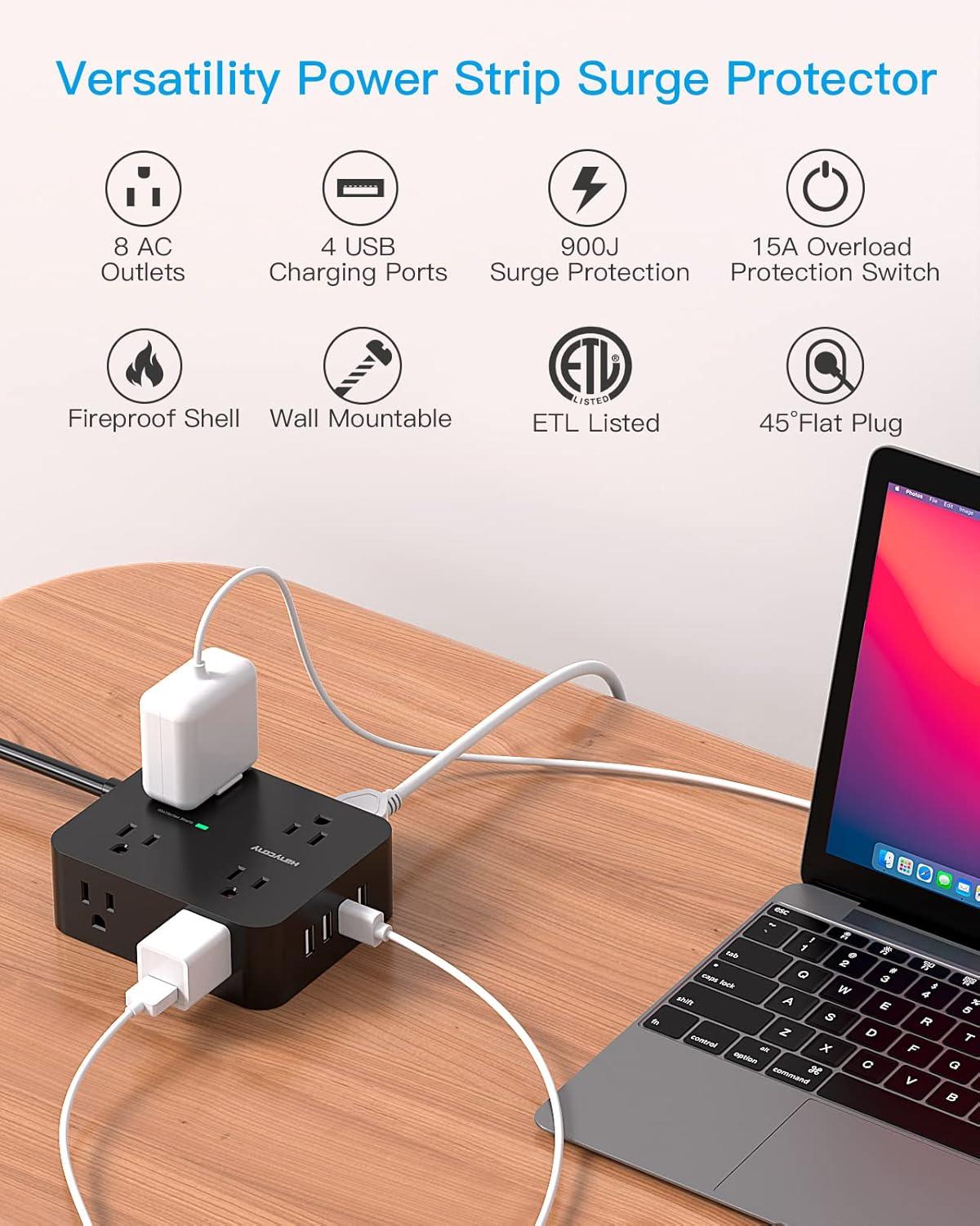 image10 Ft Power Strip Long Cord HANYCONY Extension Cord Surge Protector with Flat Plug 8 Outlets 4 USB Charging Station2 USB C Wall Multiple Plug Outlet Extender for Home Office Desk5Ft