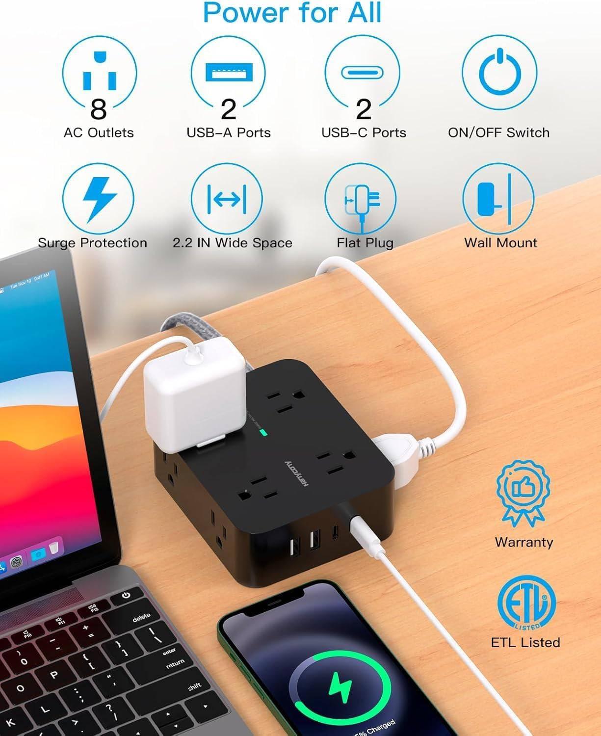 image10 Ft Power Strip Long Cord HANYCONY Extension Cord Surge Protector with Flat Plug 8 Outlets 4 USB Charging Station2 USB C Wall Multiple Plug Outlet Extender for Home Office Desk10Ft