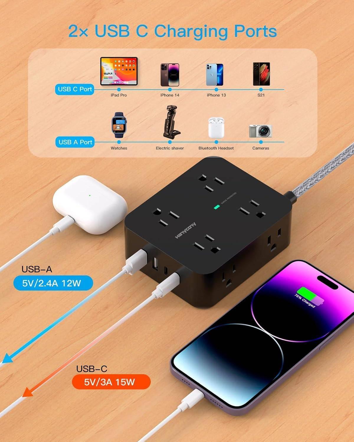 image10 Ft Power Strip Long Cord HANYCONY Extension Cord Surge Protector with Flat Plug 8 Outlets 4 USB Charging Station2 USB C Wall Multiple Plug Outlet Extender for Home Office Desk5Ft