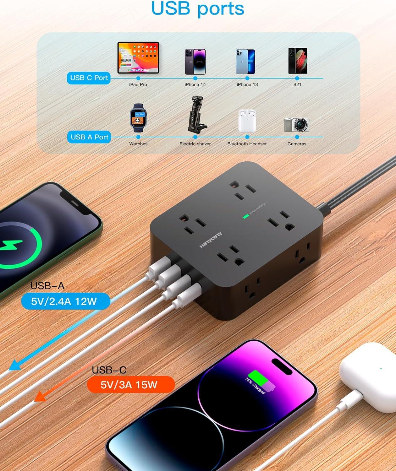 image10 Ft Power Strip Long Cord HANYCONY Extension Cord Surge Protector with Flat Plug 8 Outlets 4 USB Charging Station2 USB C Wall Multiple Plug Outlet Extender for Home Office Desk10Ft