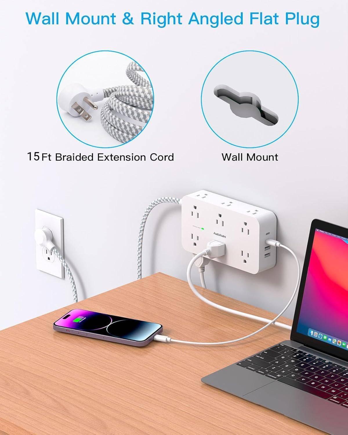imageExtension Cord 10 Ft HANYCONY Surge Protector with 12 Outlets 4 USB Ports 2USB C Large Desk Power Strip with Long Cord Flat Plug Wall Mount for Office Home College Dorm Room Essentials WhiteWhite