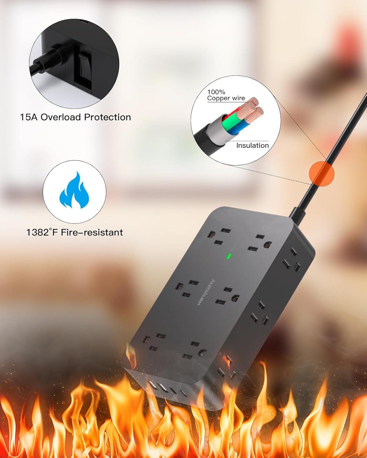 imageExtension Cord 10 Ft HANYCONY Surge Protector with 12 Outlets 4 USB Ports 2USB C Large Desk Power Strip with Long Cord Flat Plug Wall Mount for Office Home College Dorm Room Essentials WhiteBlack