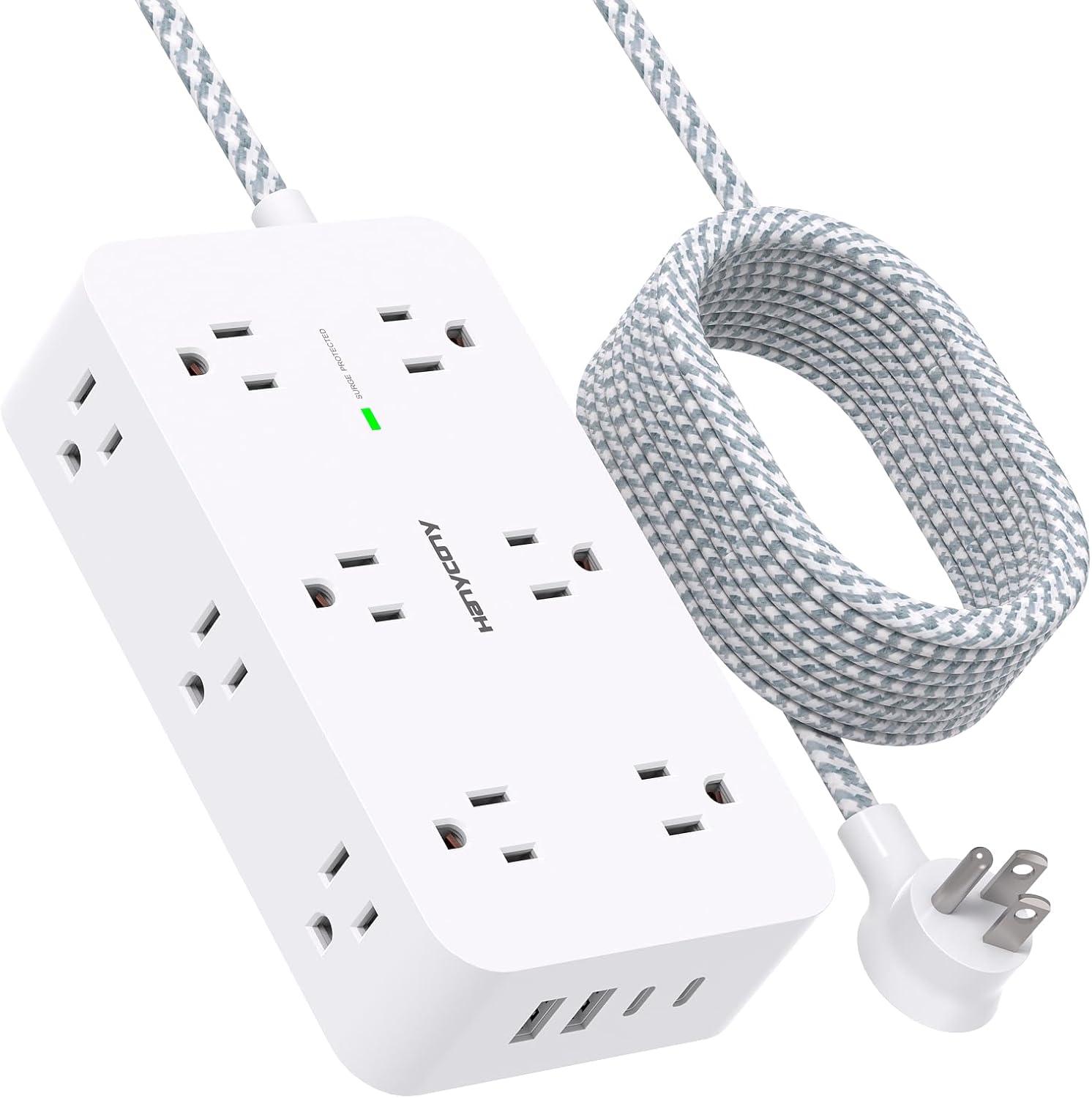 imageExtension Cord 10 Ft HANYCONY Surge Protector with 12 Outlets 4 USB Ports 2USB C Large Desk Power Strip with Long Cord Flat Plug Wall Mount for Office Home College Dorm Room Essentials WhiteWhite