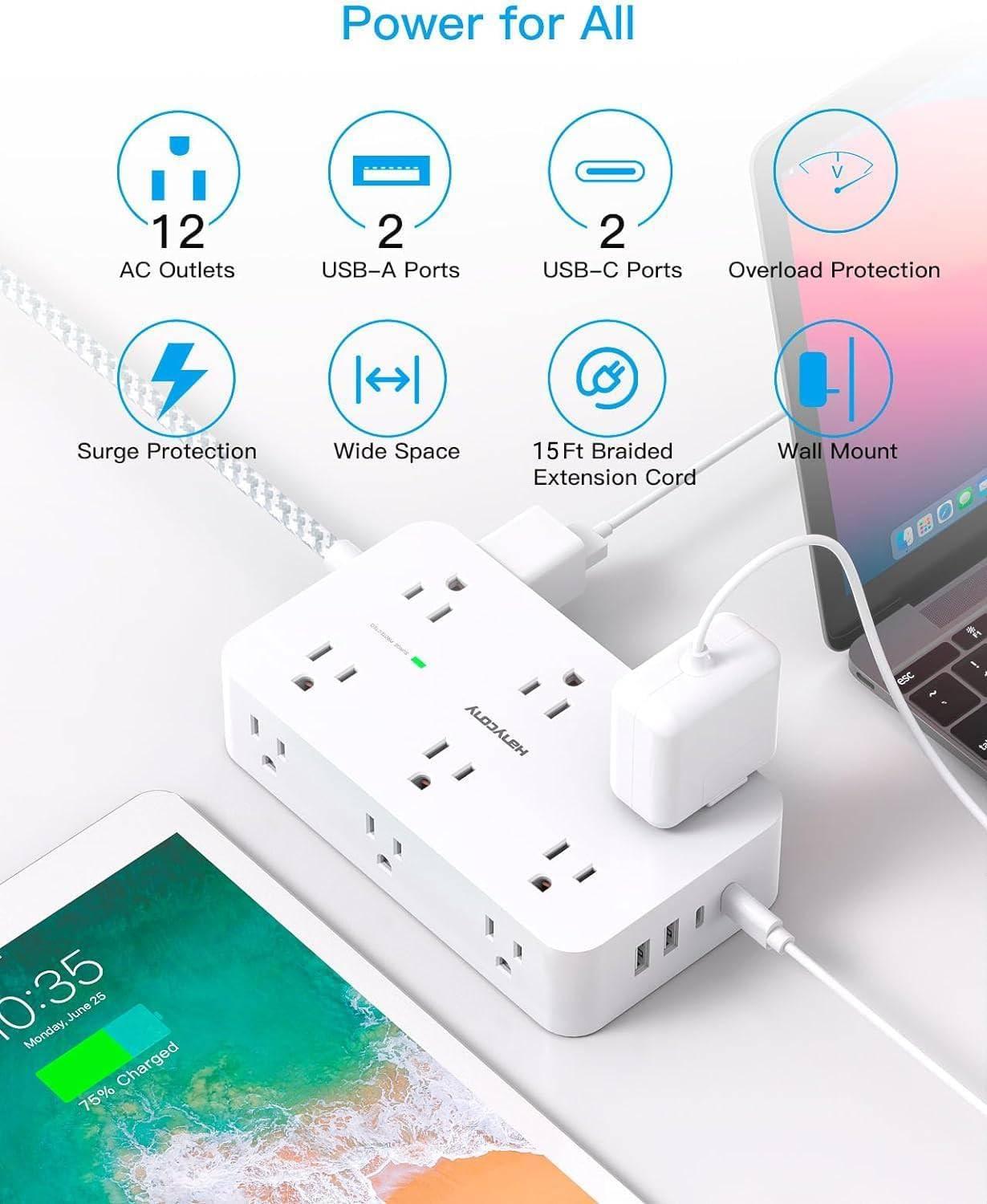 imageExtension Cord 10 Ft HANYCONY Surge Protector with 12 Outlets 4 USB Ports 2USB C Large Desk Power Strip with Long Cord Flat Plug Wall Mount for Office Home College Dorm Room Essentials WhiteWhite
