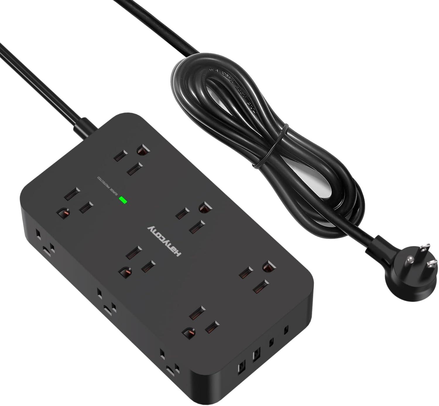 imageExtension Cord 10 Ft HANYCONY Surge Protector with 12 Outlets 4 USB Ports 2USB C Large Desk Power Strip with Long Cord Flat Plug Wall Mount for Office Home College Dorm Room Essentials WhiteBlack