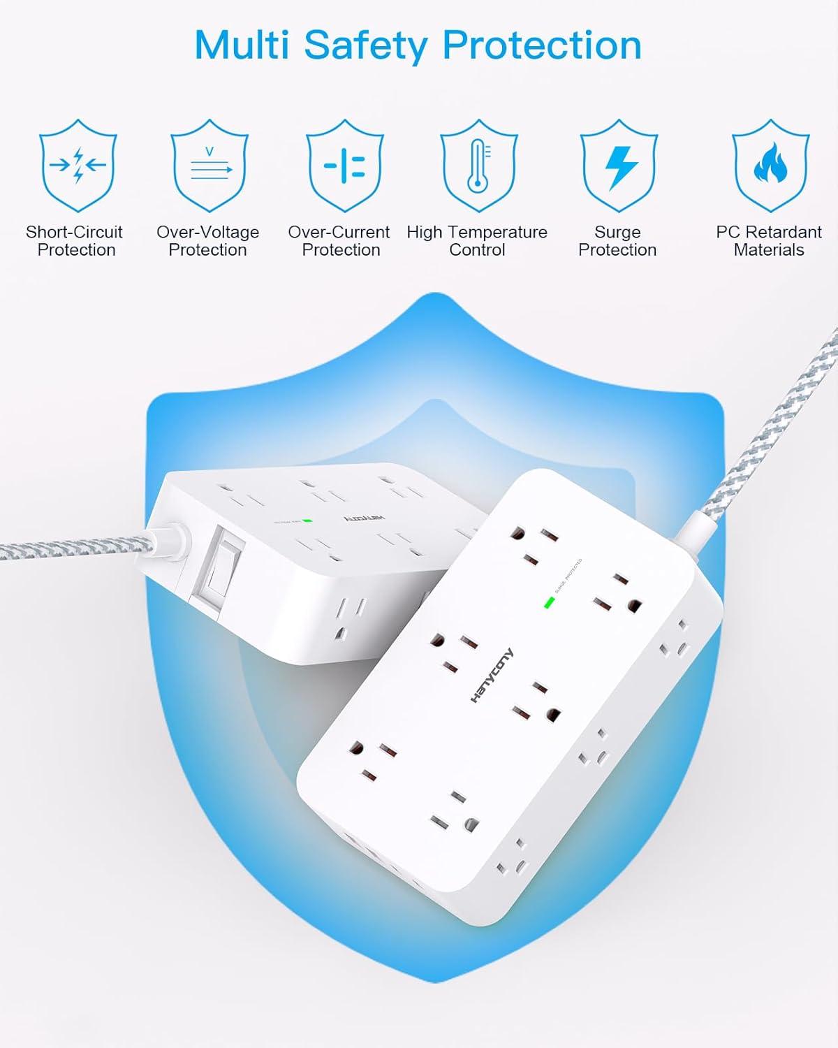 imageExtension Cord 10 Ft HANYCONY Surge Protector with 12 Outlets 4 USB Ports 2USB C Large Desk Power Strip with Long Cord Flat Plug Wall Mount for Office Home College Dorm Room Essentials WhiteWhite