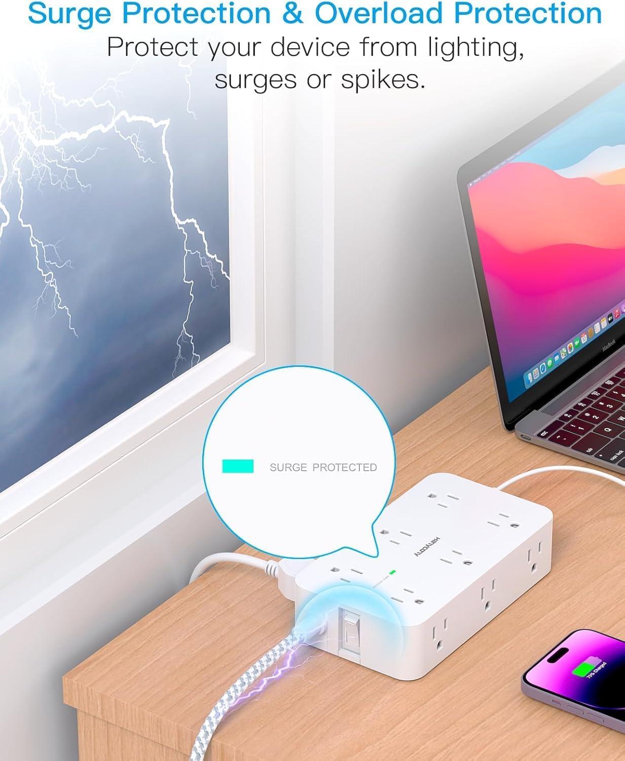 imageExtension Cord 10 Ft HANYCONY Surge Protector with 12 Outlets 4 USB Ports 2USB C Large Desk Power Strip with Long Cord Flat Plug Wall Mount for Office Home College Dorm Room Essentials WhiteWhite