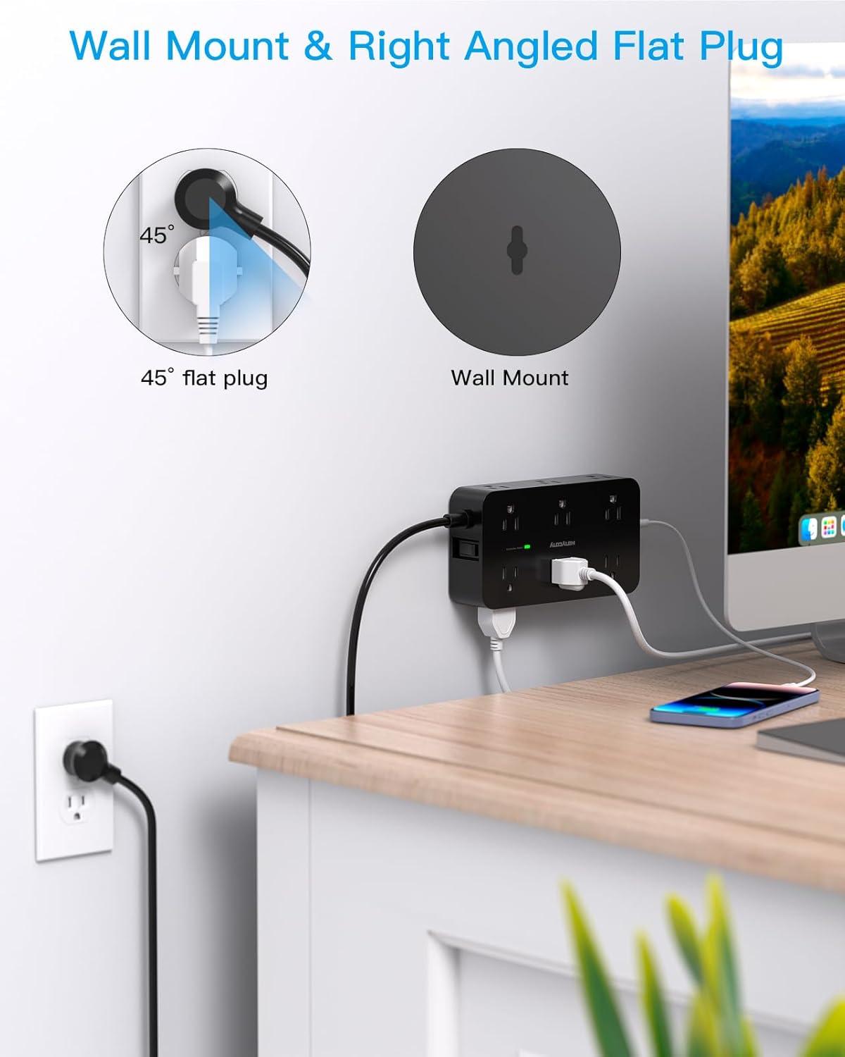 imageExtension Cord 10 Ft HANYCONY Surge Protector with 12 Outlets 4 USB Ports 2USB C Large Desk Power Strip with Long Cord Flat Plug Wall Mount for Office Home College Dorm Room Essentials WhiteBlack