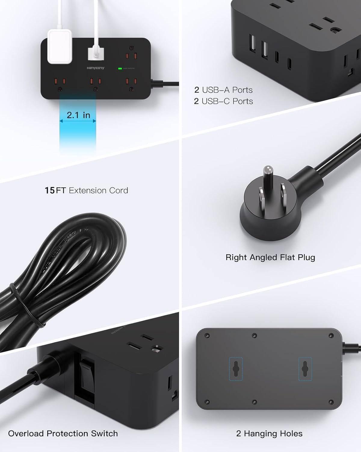 imageExtension Cord 10 Ft HANYCONY Surge Protector with 12 Outlets 4 USB Ports 2USB C Large Desk Power Strip with Long Cord Flat Plug Wall Mount for Office Home College Dorm Room Essentials WhiteBlack