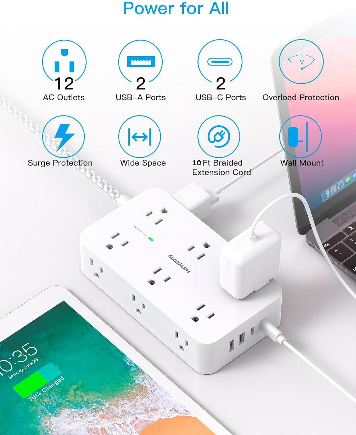 imageExtension Cord 10 Ft HANYCONY Surge Protector with 12 Outlets 4 USB Ports 2USB C Large Desk Power Strip with Long Cord Flat Plug Wall Mount for Office Home College Dorm Room Essentials WhiteWhite