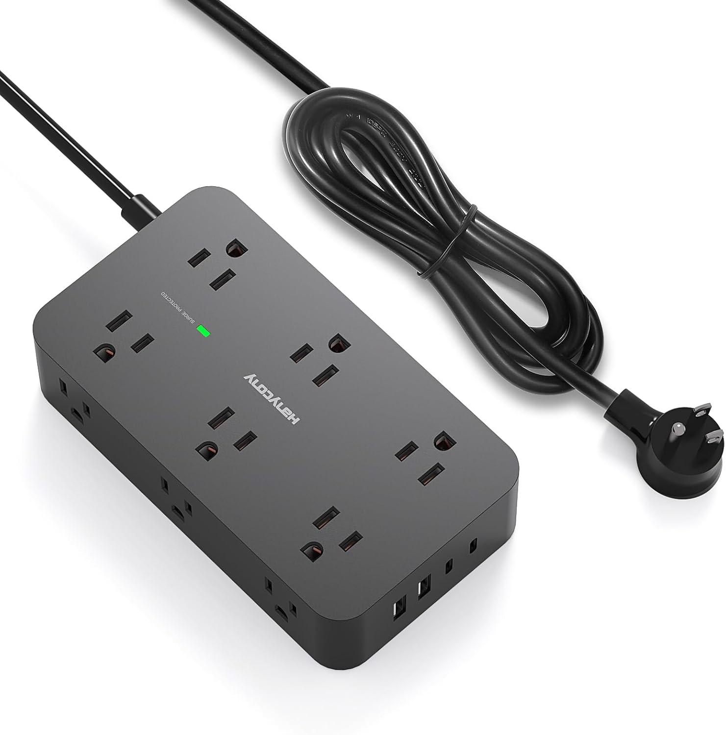 imageExtension Cord 10 Ft HANYCONY Surge Protector with 12 Outlets 4 USB Ports 2USB C Large Desk Power Strip with Long Cord Flat Plug Wall Mount for Office Home College Dorm Room Essentials WhiteBlack