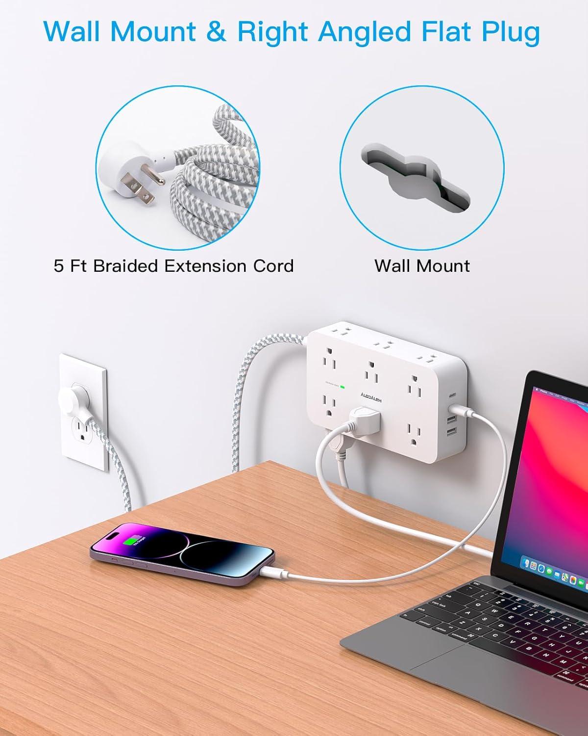 imageExtension Cord 10 Ft HANYCONY Surge Protector with 12 Outlets 4 USB Ports 2USB C Large Desk Power Strip with Long Cord Flat Plug Wall Mount for Office Home College Dorm Room Essentials WhiteWhite