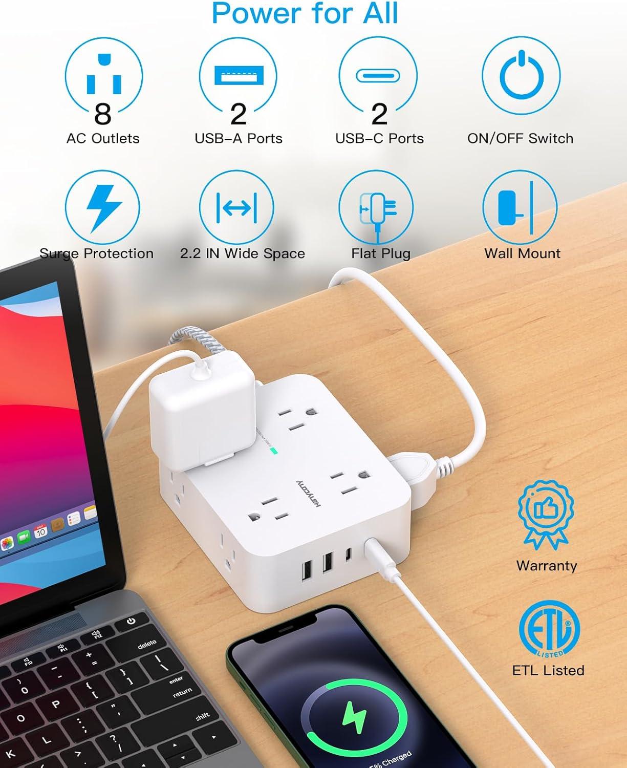 imageExtension Cord 15 Ft Power Strip with 4 USB Ports2 USB C HANYCONY 8 Surge Protector Outlets with Flat Plug Wall Mount Desk for Home Office College Dorm Room Essentials25Ft