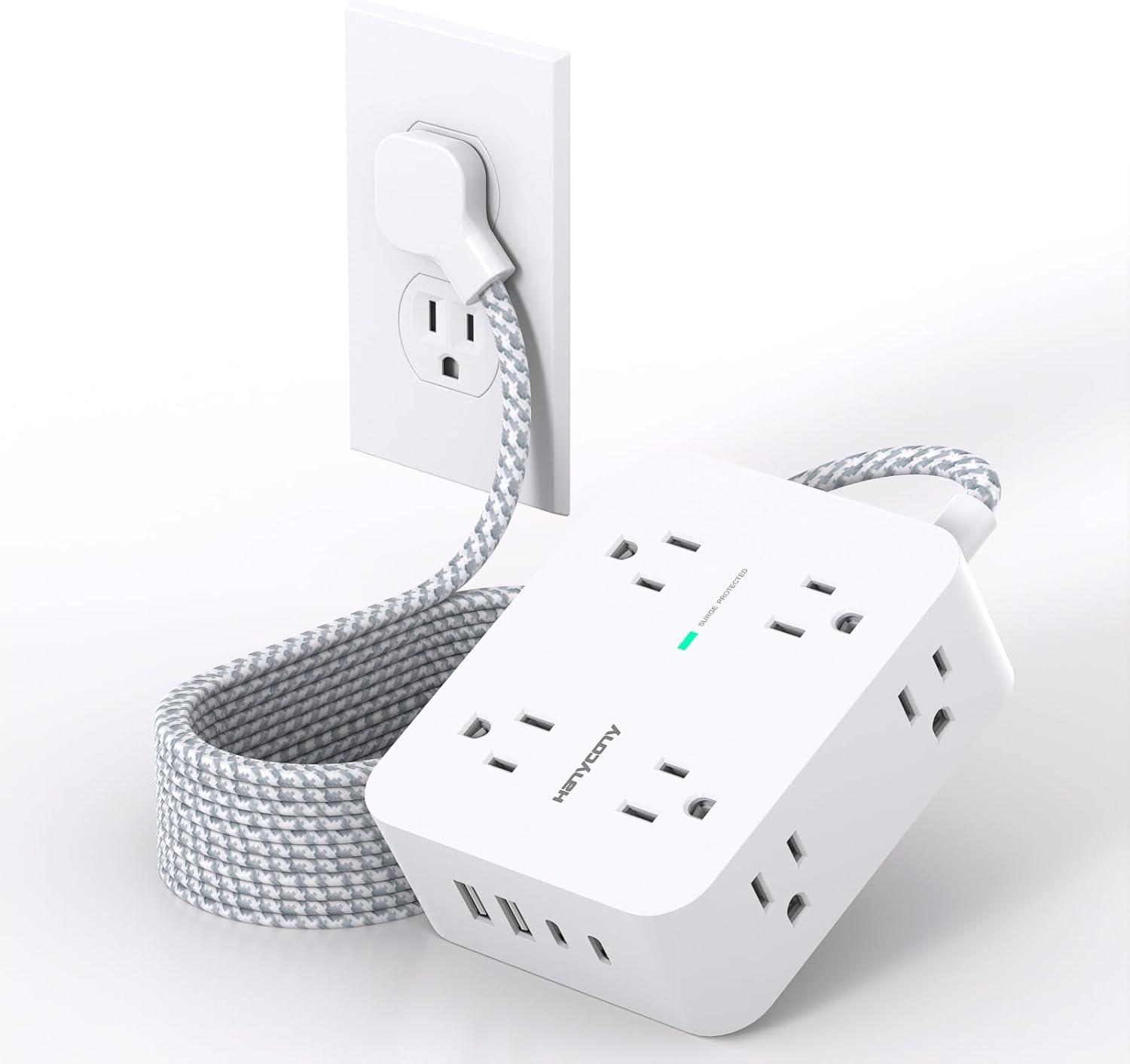 imageExtension Cord 15 Ft Power Strip with 4 USB Ports2 USB C HANYCONY 8 Surge Protector Outlets with Flat Plug Wall Mount Desk for Home Office College Dorm Room Essentials10Ft