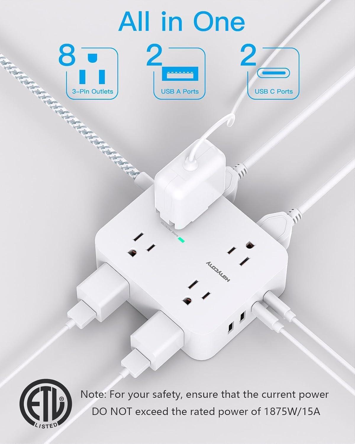 imageExtension Cord 15 Ft Power Strip with 4 USB Ports2 USB C HANYCONY 8 Surge Protector Outlets with Flat Plug Wall Mount Desk for Home Office College Dorm Room Essentials5Ft