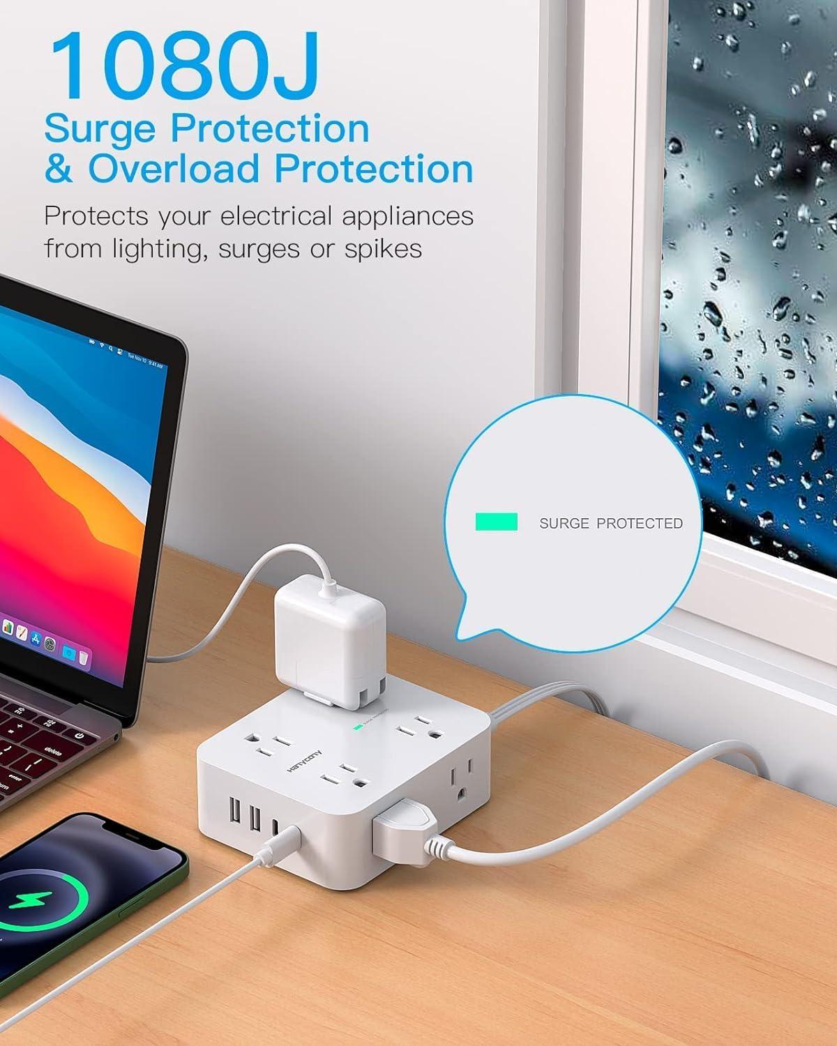 imageExtension Cord 15 Ft Power Strip with 4 USB Ports2 USB C HANYCONY 8 Surge Protector Outlets with Flat Plug Wall Mount Desk for Home Office College Dorm Room Essentials25Ft