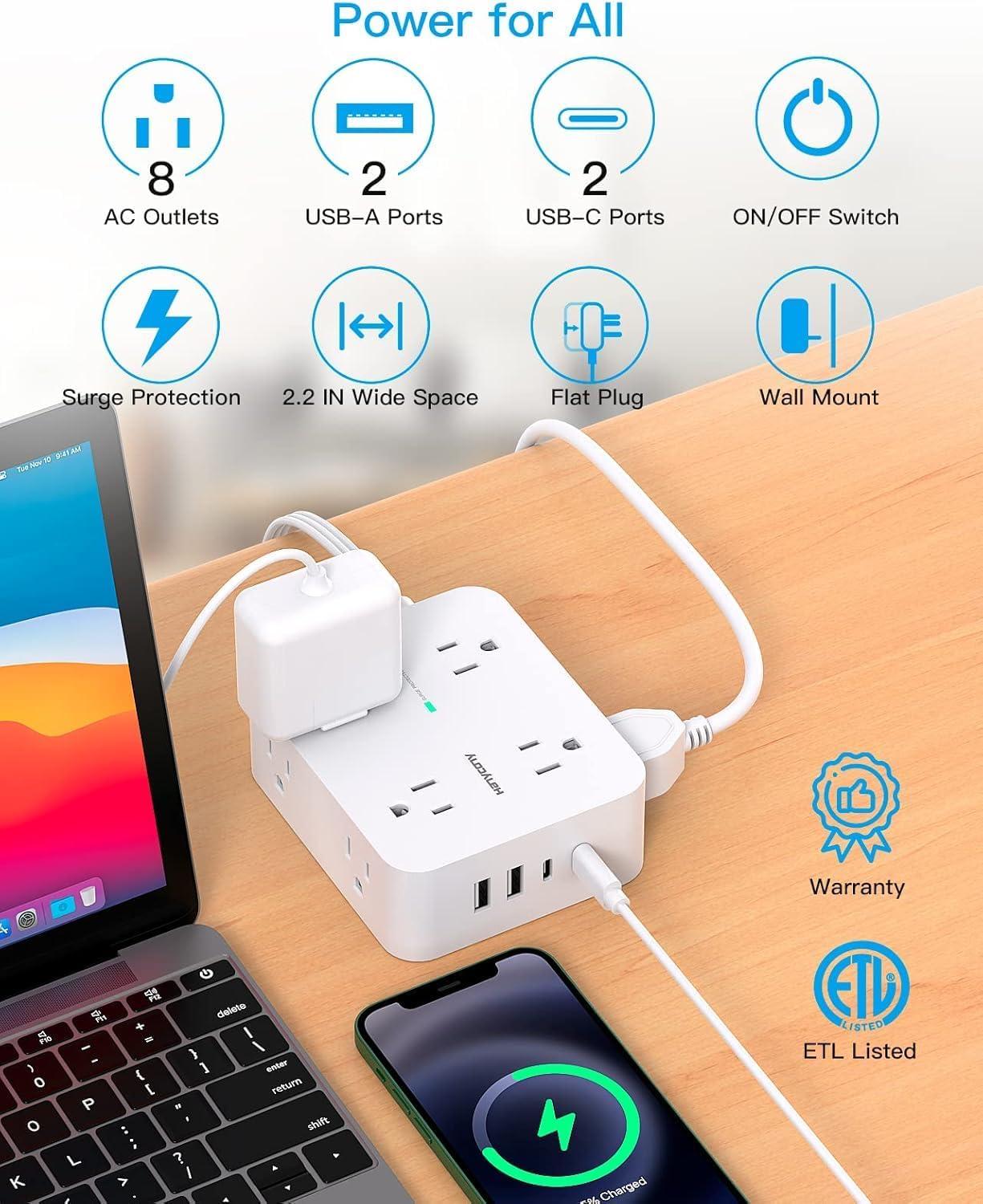 imageExtension Cord 15 Ft Power Strip with 4 USB Ports2 USB C HANYCONY 8 Surge Protector Outlets with Flat Plug Wall Mount Desk for Home Office College Dorm Room Essentials25Ft