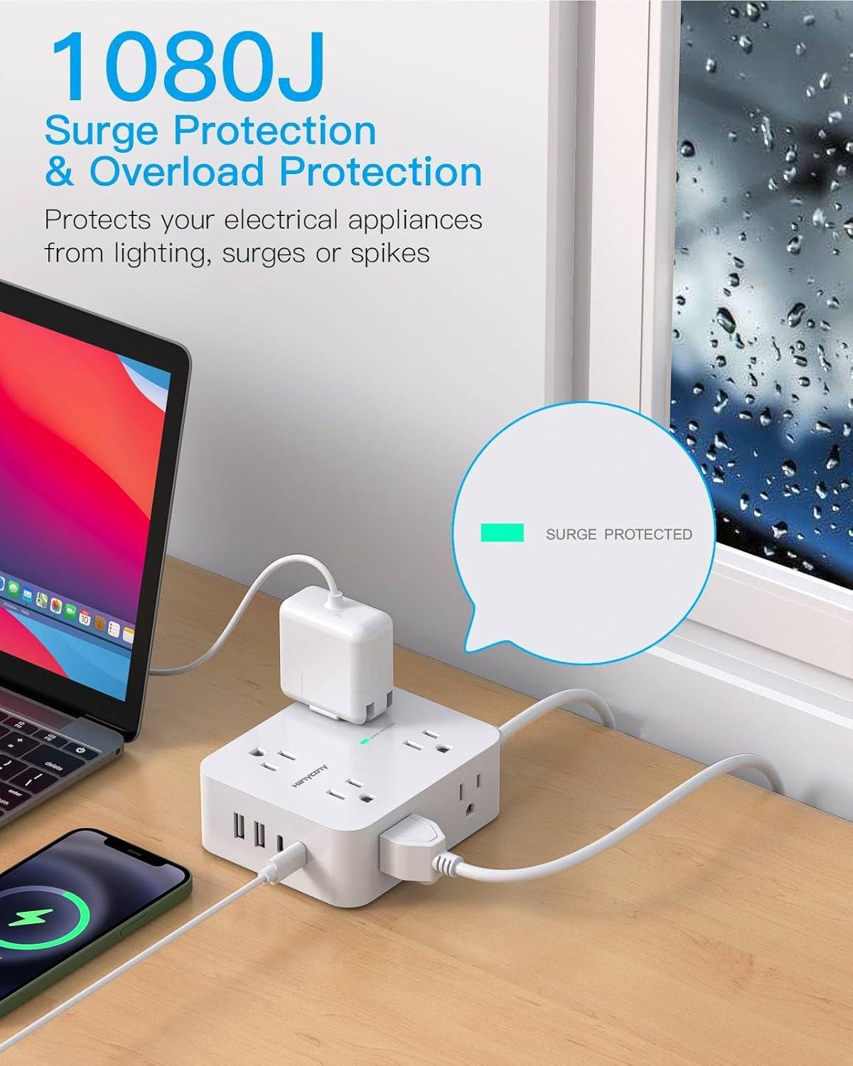 imageExtension Cord 15 Ft Power Strip with 4 USB Ports2 USB C HANYCONY 8 Surge Protector Outlets with Flat Plug Wall Mount Desk for Home Office College Dorm Room Essentials5Ft