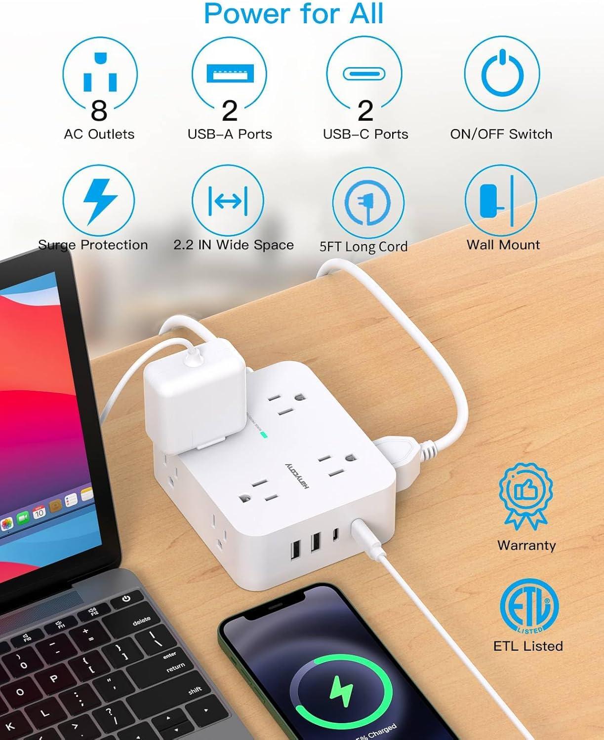 imageExtension Cord 15 Ft Power Strip with 4 USB Ports2 USB C HANYCONY 8 Surge Protector Outlets with Flat Plug Wall Mount Desk for Home Office College Dorm Room Essentials5Ft
