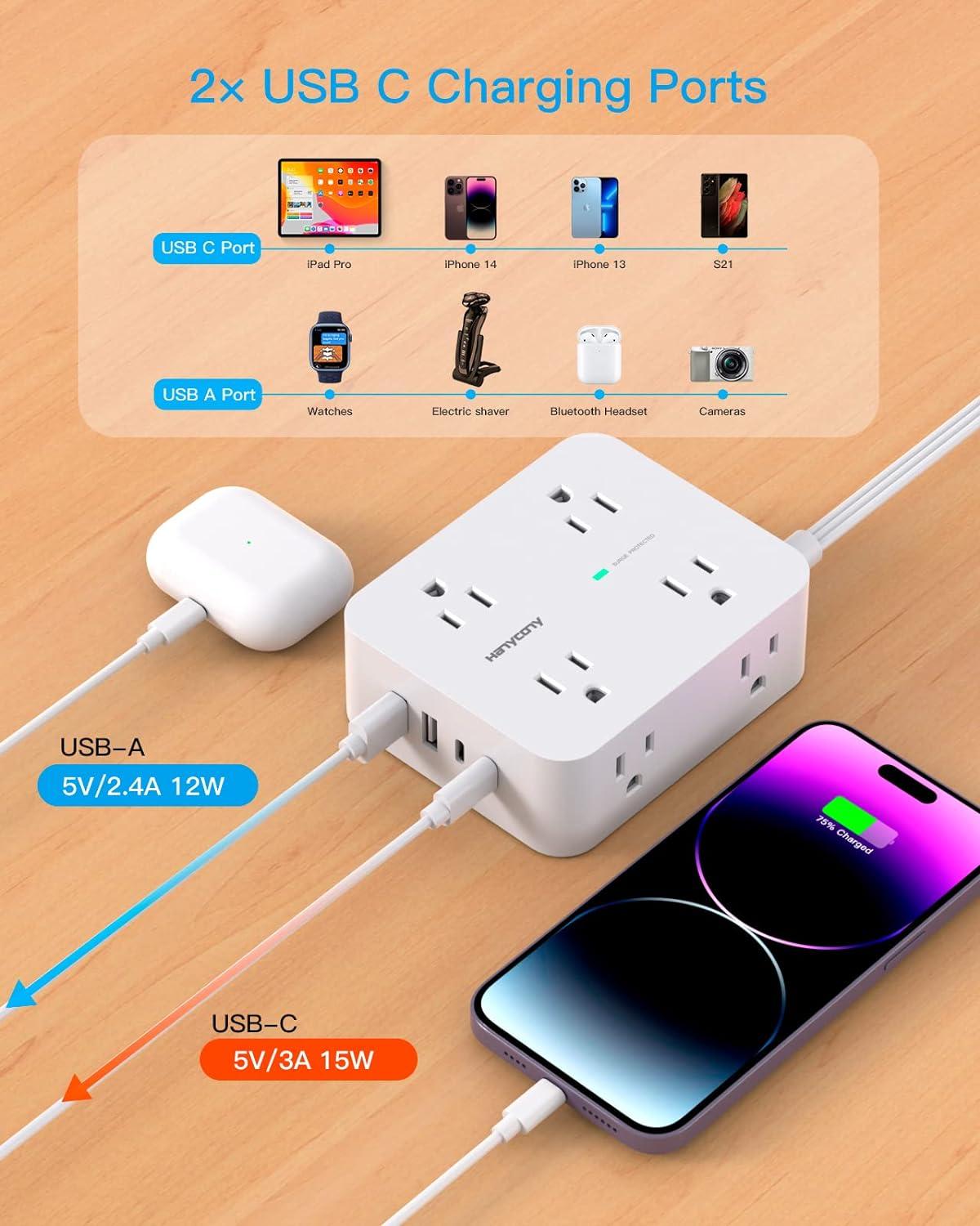 imageExtension Cord 15 Ft Power Strip with 4 USB Ports2 USB C HANYCONY 8 Surge Protector Outlets with Flat Plug Wall Mount Desk for Home Office College Dorm Room Essentials5Ft