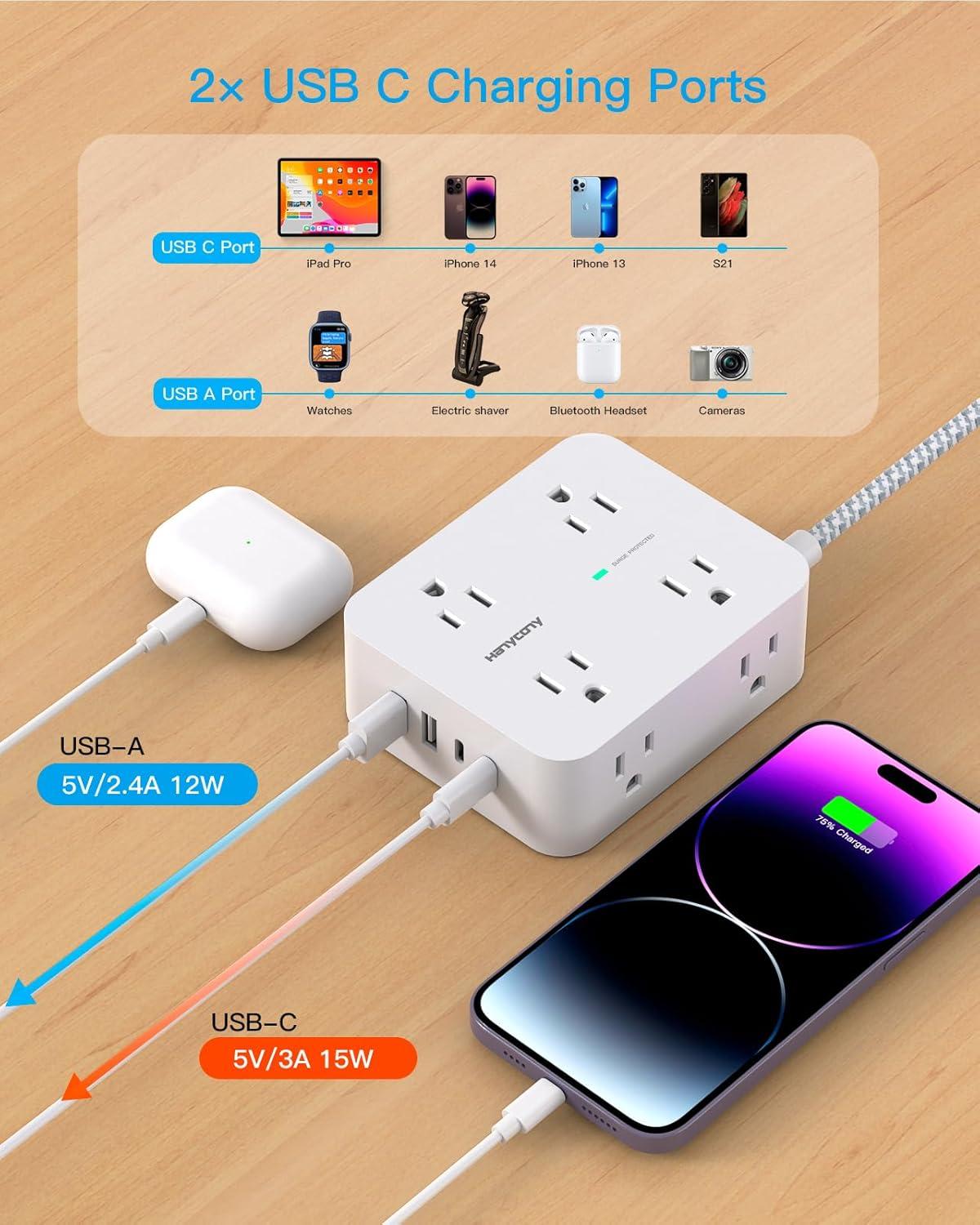 imageExtension Cord 15 Ft Power Strip with 4 USB Ports2 USB C HANYCONY 8 Surge Protector Outlets with Flat Plug Wall Mount Desk for Home Office College Dorm Room Essentials10Ft