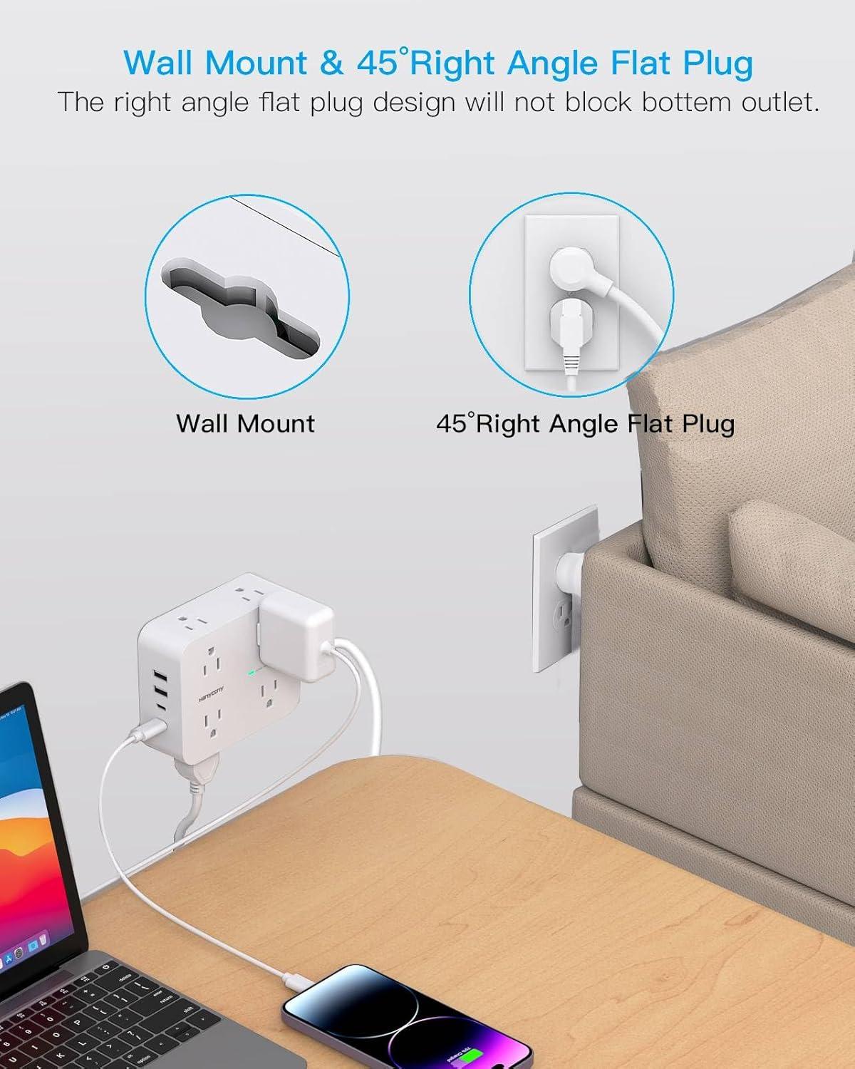 imageExtension Cord 15 Ft Power Strip with 4 USB Ports2 USB C HANYCONY 8 Surge Protector Outlets with Flat Plug Wall Mount Desk for Home Office College Dorm Room Essentials5Ft
