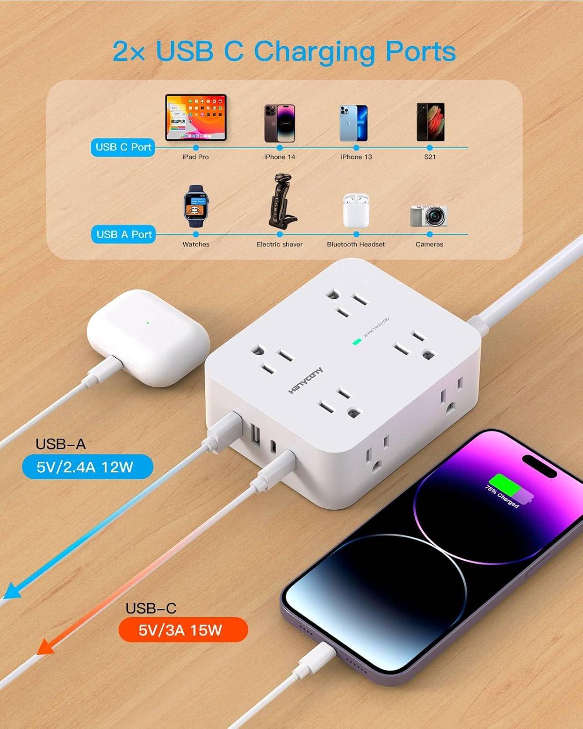 imageExtension Cord 15 Ft Power Strip with 4 USB Ports2 USB C HANYCONY 8 Surge Protector Outlets with Flat Plug Wall Mount Desk for Home Office College Dorm Room Essentials10Ft