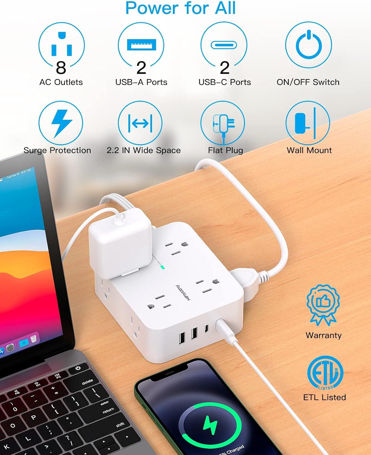 imageExtension Cord 15 Ft Power Strip with 4 USB Ports2 USB C HANYCONY 8 Surge Protector Outlets with Flat Plug Wall Mount Desk for Home Office College Dorm Room Essentials15Ft