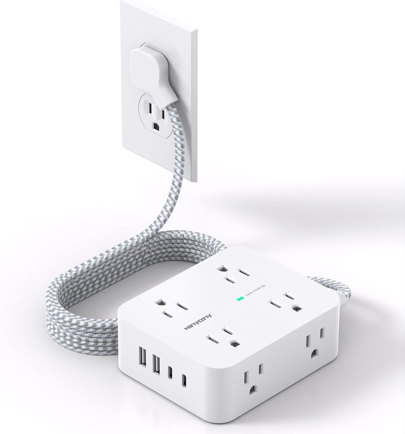 imageExtension Cord 15 Ft Power Strip with 4 USB Ports2 USB C HANYCONY 8 Surge Protector Outlets with Flat Plug Wall Mount Desk for Home Office College Dorm Room Essentials5Ft