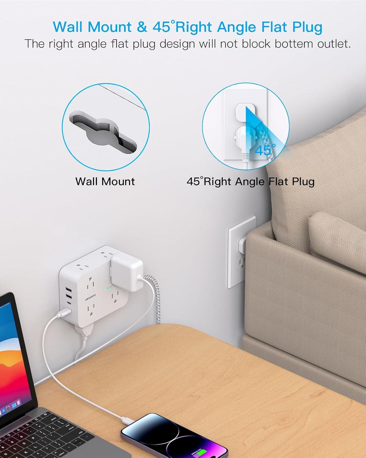 imageExtension Cord 15 Ft Power Strip with 4 USB Ports2 USB C HANYCONY 8 Surge Protector Outlets with Flat Plug Wall Mount Desk for Home Office College Dorm Room Essentials10Ft