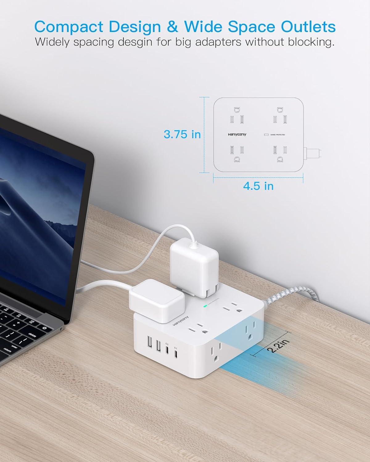 imageExtension Cord 6 Ft HANYCONY Surge Protector Power Strip Long Cord 8 Outlets 4 USB Ports2 USB C Wall Mount 1080J Surge Protection Desk Charging Station for for Home Office Dorm Room EssentialsWhitePD 30W
