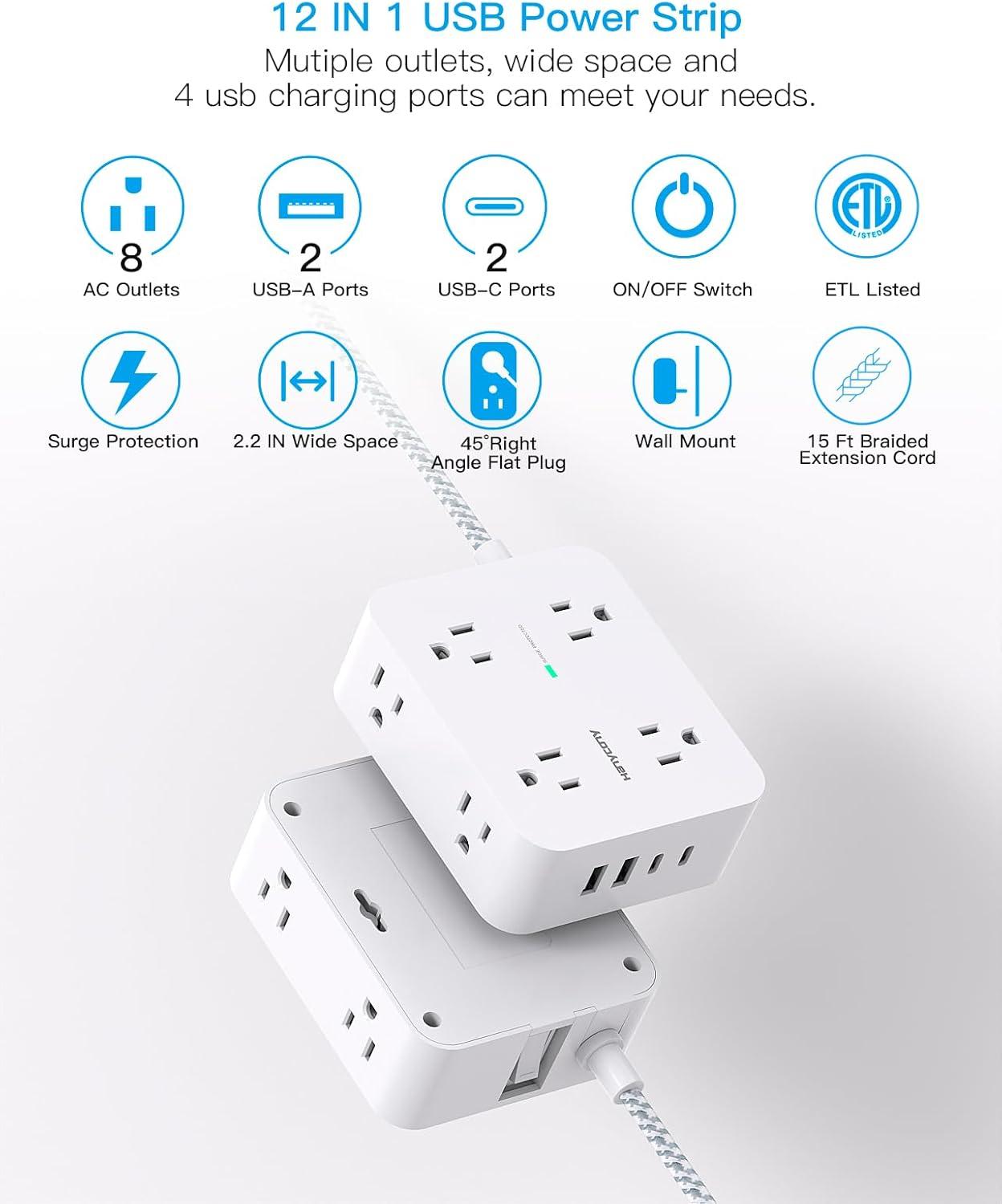imageExtension Cord 6 Ft HANYCONY Surge Protector Power Strip Long Cord 8 Outlets 4 USB Ports2 USB C Wall Mount 1080J Surge Protection Desk Charging Station for for Home Office Dorm Room EssentialsWhite