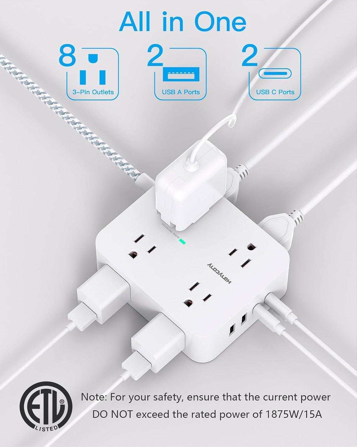 imageExtension Cord 6 Ft HANYCONY Surge Protector Power Strip Long Cord 8 Outlets 4 USB Ports2 USB C Wall Mount 1080J Surge Protection Desk Charging Station for for Home Office Dorm Room EssentialsWhite