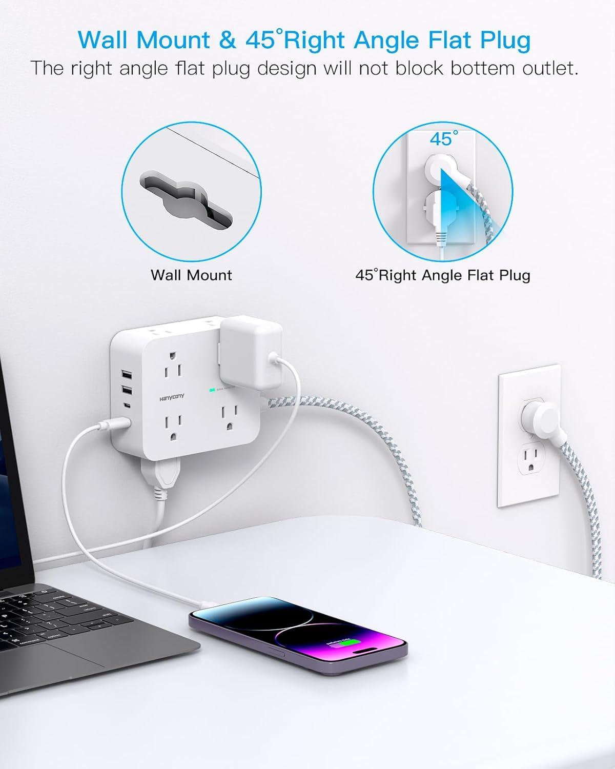 imageExtension Cord 6 Ft HANYCONY Surge Protector Power Strip Long Cord 8 Outlets 4 USB Ports2 USB C Wall Mount 1080J Surge Protection Desk Charging Station for for Home Office Dorm Room EssentialsWhite