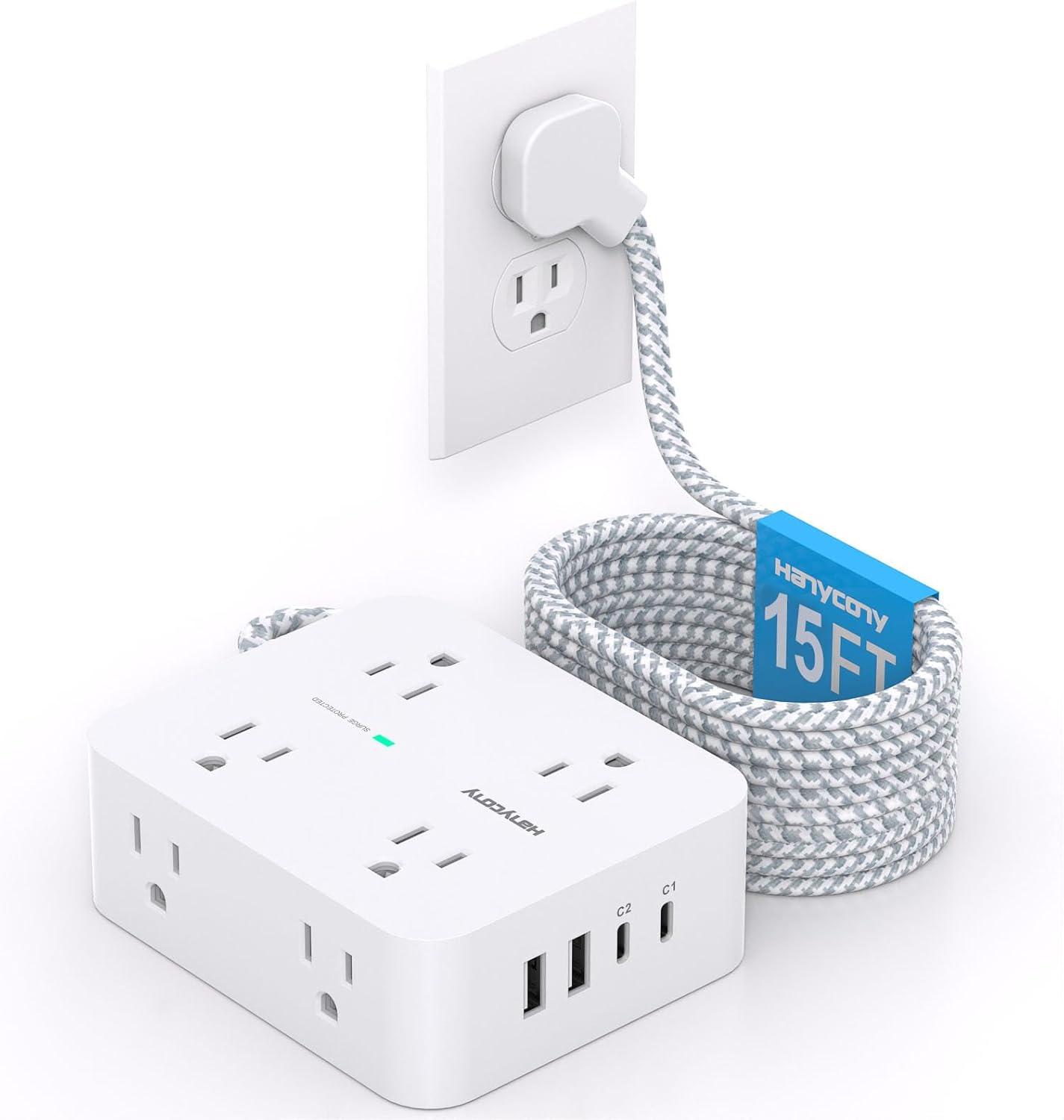 imageExtension Cord 6 Ft HANYCONY Surge Protector Power Strip Long Cord 8 Outlets 4 USB Ports2 USB C Wall Mount 1080J Surge Protection Desk Charging Station for for Home Office Dorm Room EssentialsWhitePD 30W