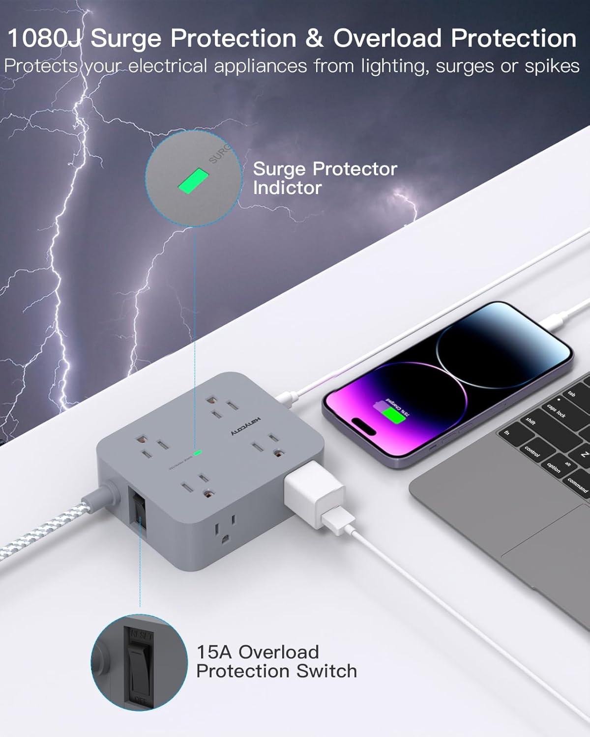 imageExtension Cord 6 Ft HANYCONY Surge Protector Power Strip Long Cord 8 Outlets 4 USB Ports2 USB C Wall Mount 1080J Surge Protection Desk Charging Station for for Home Office Dorm Room EssentialsGray