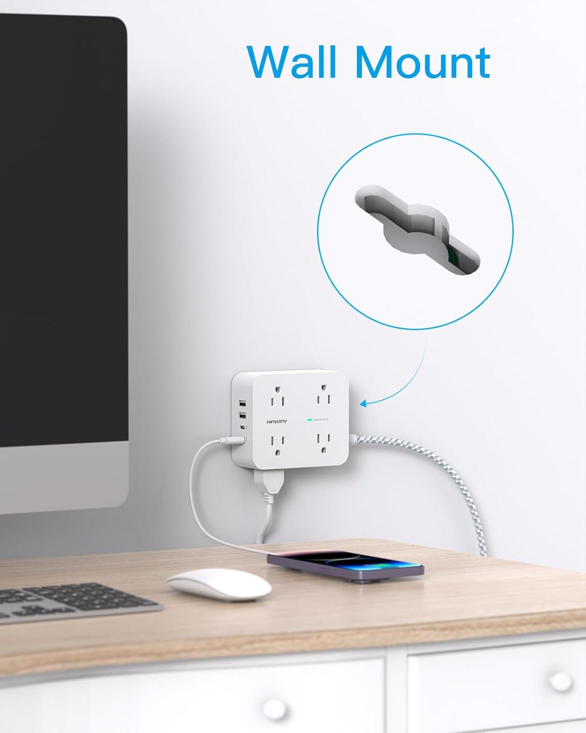 imageExtension Cord 6 Ft HANYCONY Surge Protector Power Strip Long Cord 8 Outlets 4 USB Ports2 USB C Wall Mount 1080J Surge Protection Desk Charging Station for for Home Office Dorm Room EssentialsWhitePD 30W