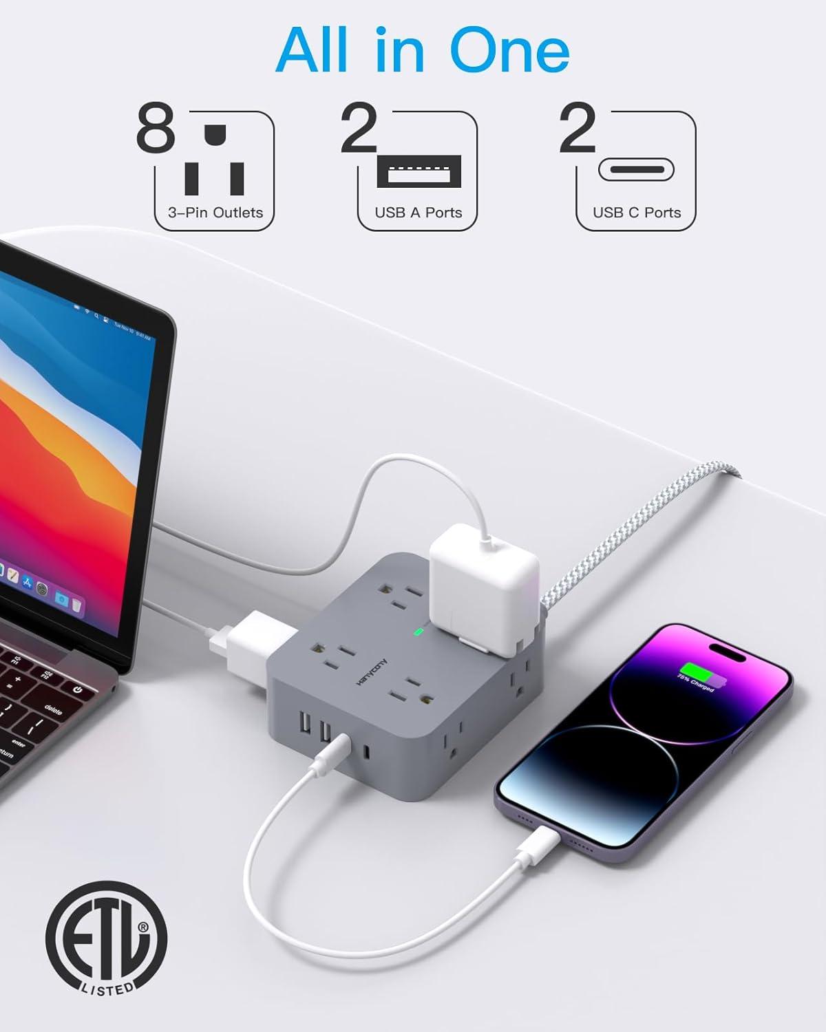 imageExtension Cord 6 Ft HANYCONY Surge Protector Power Strip Long Cord 8 Outlets 4 USB Ports2 USB C Wall Mount 1080J Surge Protection Desk Charging Station for for Home Office Dorm Room EssentialsGray