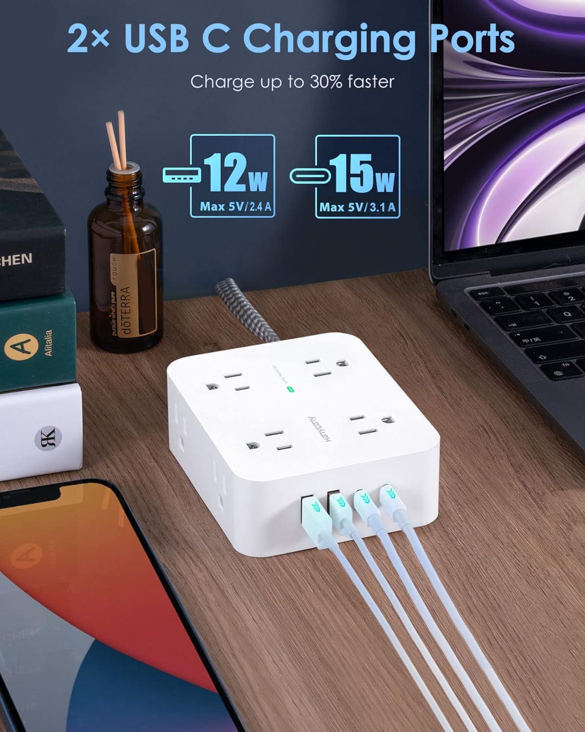 imageExtension Cord 6 Ft HANYCONY Surge Protector Power Strip Long Cord 8 Outlets 4 USB Ports2 USB C Wall Mount 1080J Surge Protection Desk Charging Station for for Home Office Dorm Room EssentialsWhite