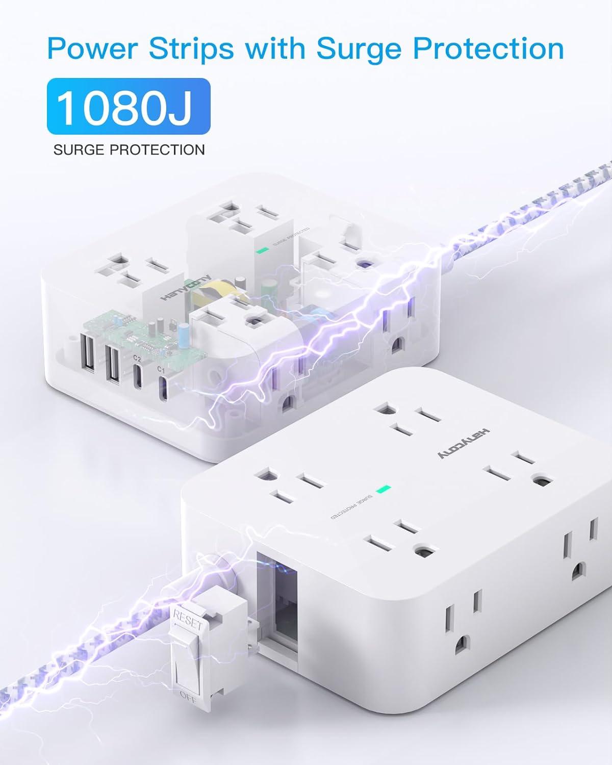 imageExtension Cord 6 Ft HANYCONY Surge Protector Power Strip Long Cord 8 Outlets 4 USB Ports2 USB C Wall Mount 1080J Surge Protection Desk Charging Station for for Home Office Dorm Room EssentialsWhitePD 30W