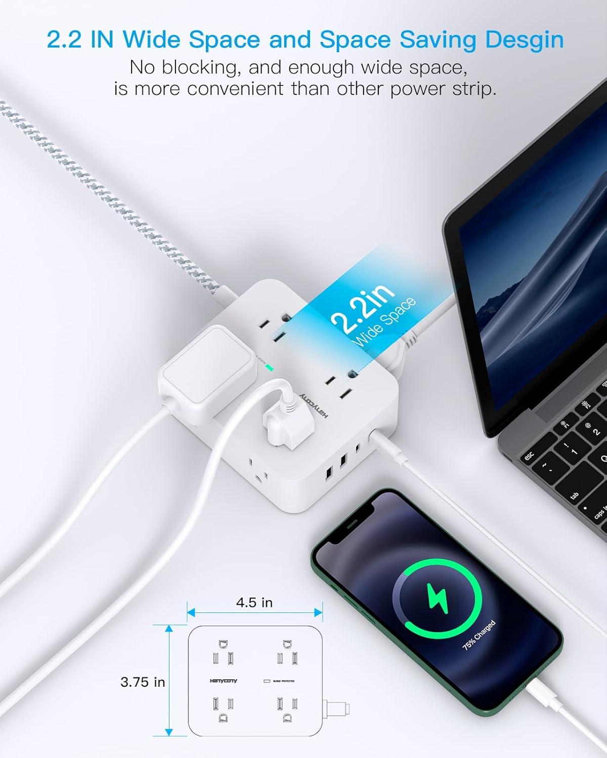 imageExtension Cord 6 Ft HANYCONY Surge Protector Power Strip Long Cord 8 Outlets 4 USB Ports2 USB C Wall Mount 1080J Surge Protection Desk Charging Station for for Home Office Dorm Room EssentialsWhite