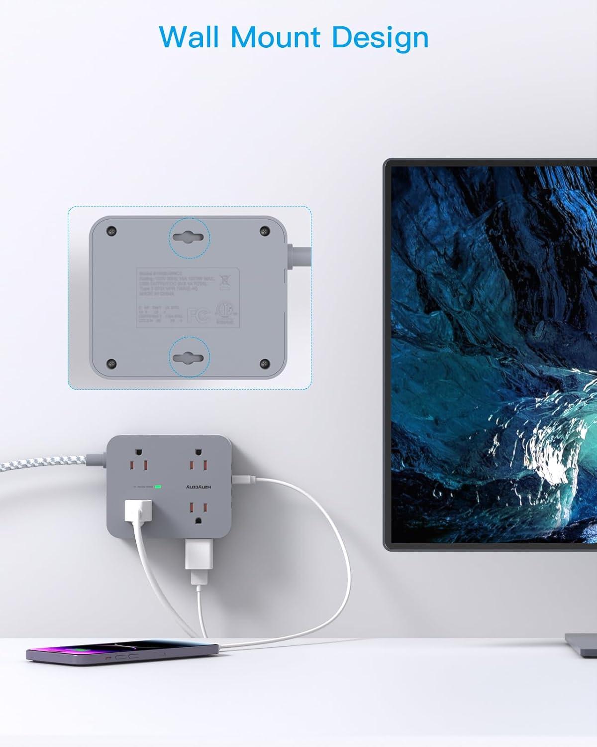 imageExtension Cord 6 Ft HANYCONY Surge Protector Power Strip Long Cord 8 Outlets 4 USB Ports2 USB C Wall Mount 1080J Surge Protection Desk Charging Station for for Home Office Dorm Room EssentialsGray