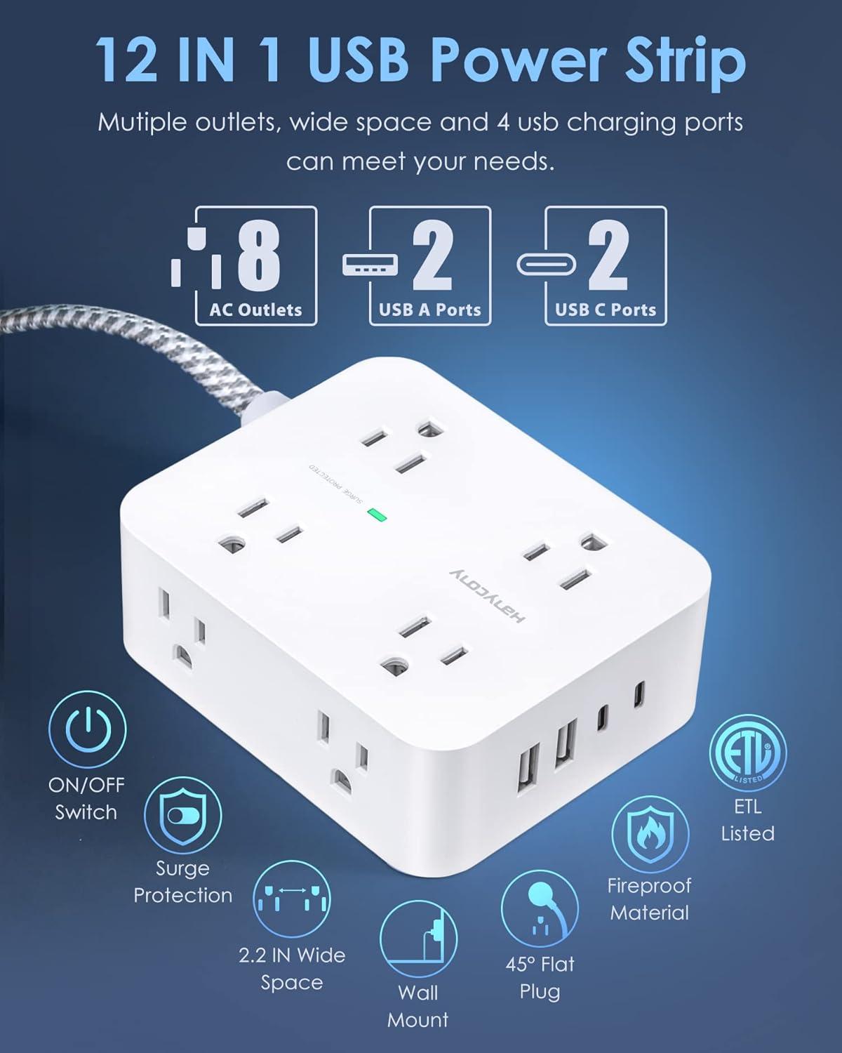 imageExtension Cord 6 Ft HANYCONY Surge Protector Power Strip Long Cord 8 Outlets 4 USB Ports2 USB C Wall Mount 1080J Surge Protection Desk Charging Station for for Home Office Dorm Room EssentialsWhite